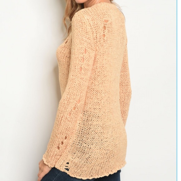 Distressed Champagne Honey Scoop Neck Knit Sweater - Picture 2 of 2